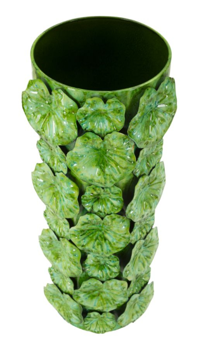Vază decorativă verde cu frunze de nufăr în relief pe corp cilindric lucios [3]