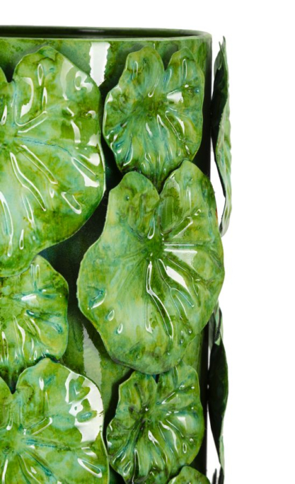 Vază decorativă verde cu frunze de nufăr în relief pe corp cilindric lucios [5]