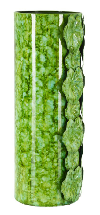 Vază decorativă verde cu frunze de nufăr în relief pe corp cilindric lucios [2]