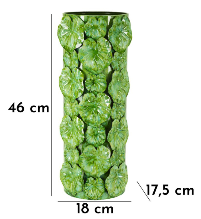 Vază decorativă verde cu frunze de nufăr în relief pe corp cilindric lucios [7]