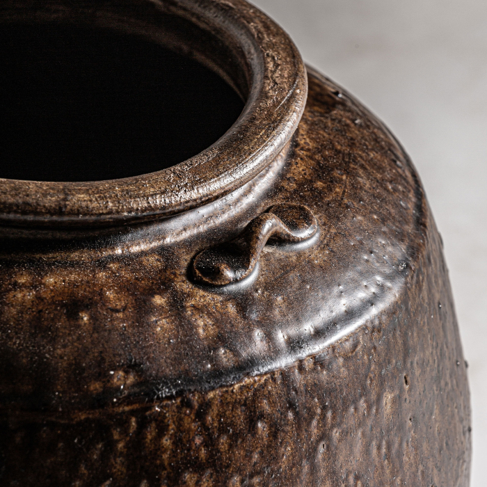 Vază bombată din ceramică glazurată maro închis, cu buză răsfrântă, mici toarte-buclă și dungi la bază [3]