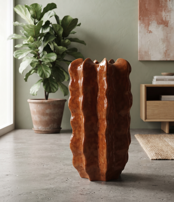 Vază din ceramică teracotă lucioasă cu siluetă înaltă ondulată – imagine principală pe podea [2]