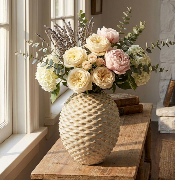 Titlu imagine principală: Vază gri și auriu din ceramică cu formă sferică și textură reliefată 23.5x28.5 cm [5]