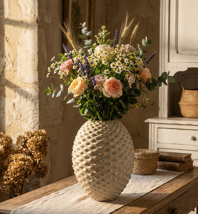 Titlu imagine principală: Vază gri și auriu din ceramică cu formă sferică și textură reliefată 29.5x36 cm [2]