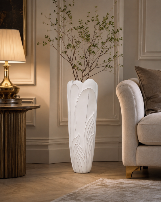 Vază înaltă de podea din rășină albă cu model floral în relief [2]