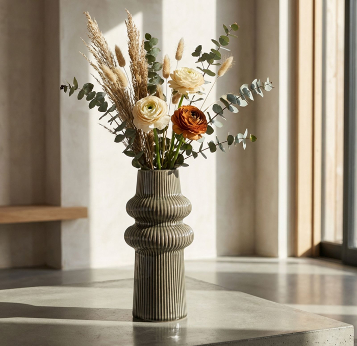 Vază verde din ceramică cu volum sculptural și textură verticală Harmony variantă compactă [5]