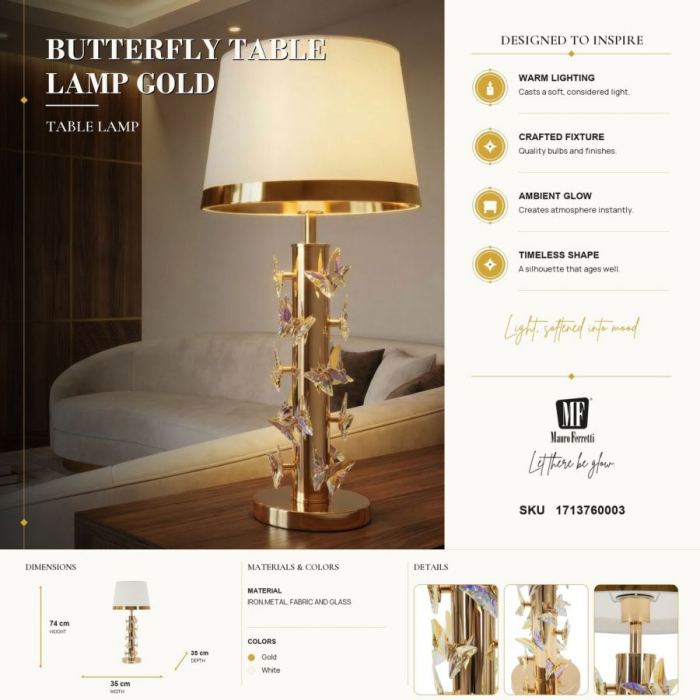 Veioză fluture auriu decorativ abajur alb [7]