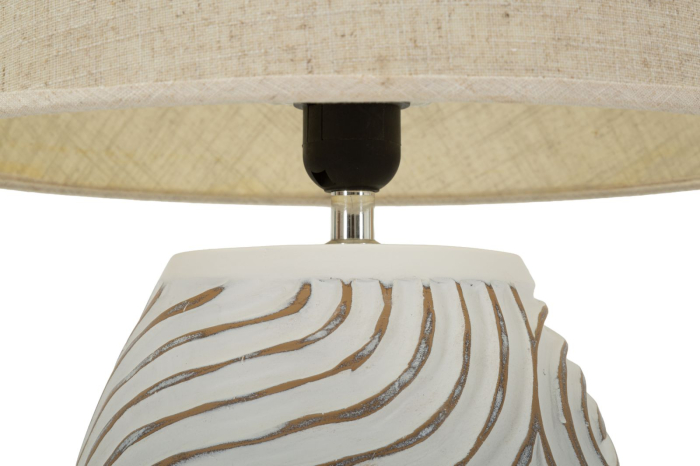 Veioza decorativa alba cu abajur textil bej din polirasina si metal [4]