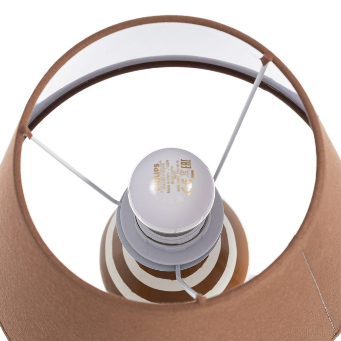 Veioza din ceramică maro cu dungi albe și abajur textil conic – imagine principală [6]