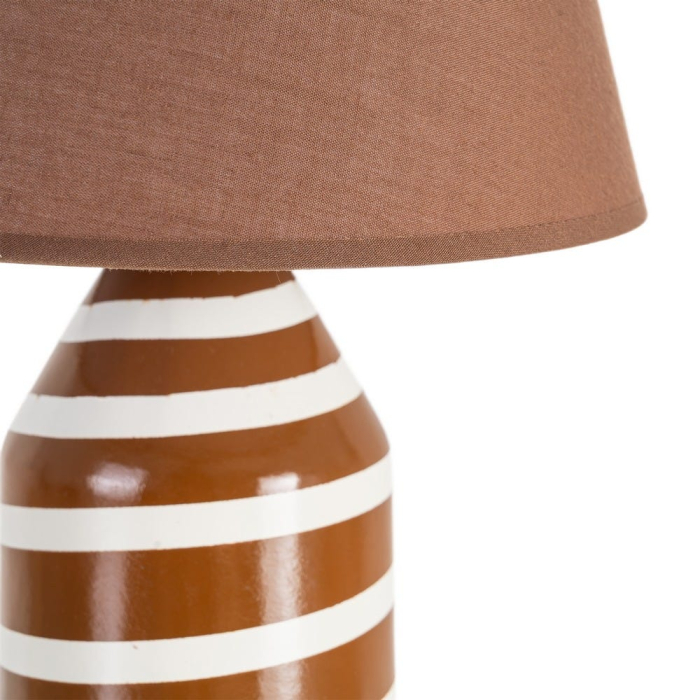 Veioza din ceramică maro cu dungi albe și abajur textil conic – imagine principală [4]