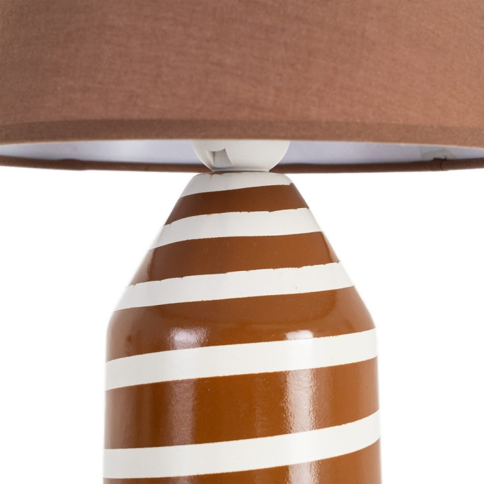 Veioza din ceramică maro cu dungi albe și abajur textil conic – imagine principală [3]