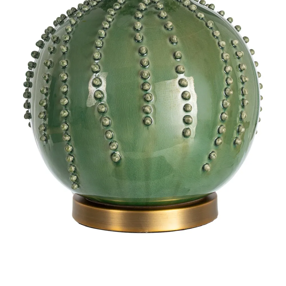 Lampă de masă din ceramică verde cu abajur din stofă albă și bază rotundă [2]