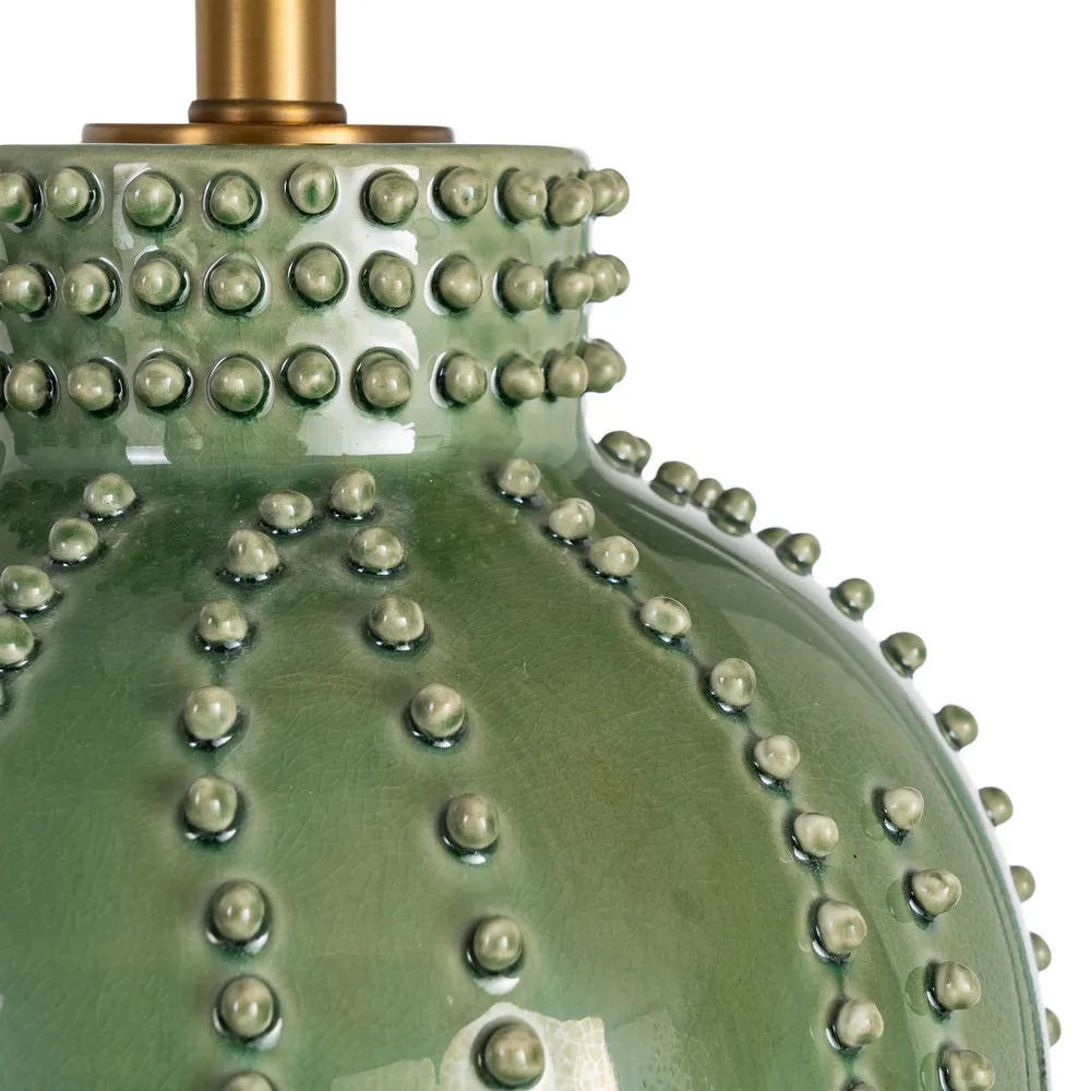 Lampă de masă din ceramică verde cu abajur din stofă albă și bază rotundă [3]