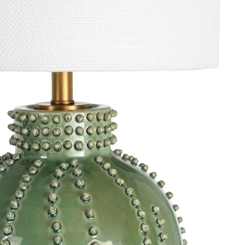Lampă de masă din ceramică verde cu abajur din stofă albă și bază rotundă [5]