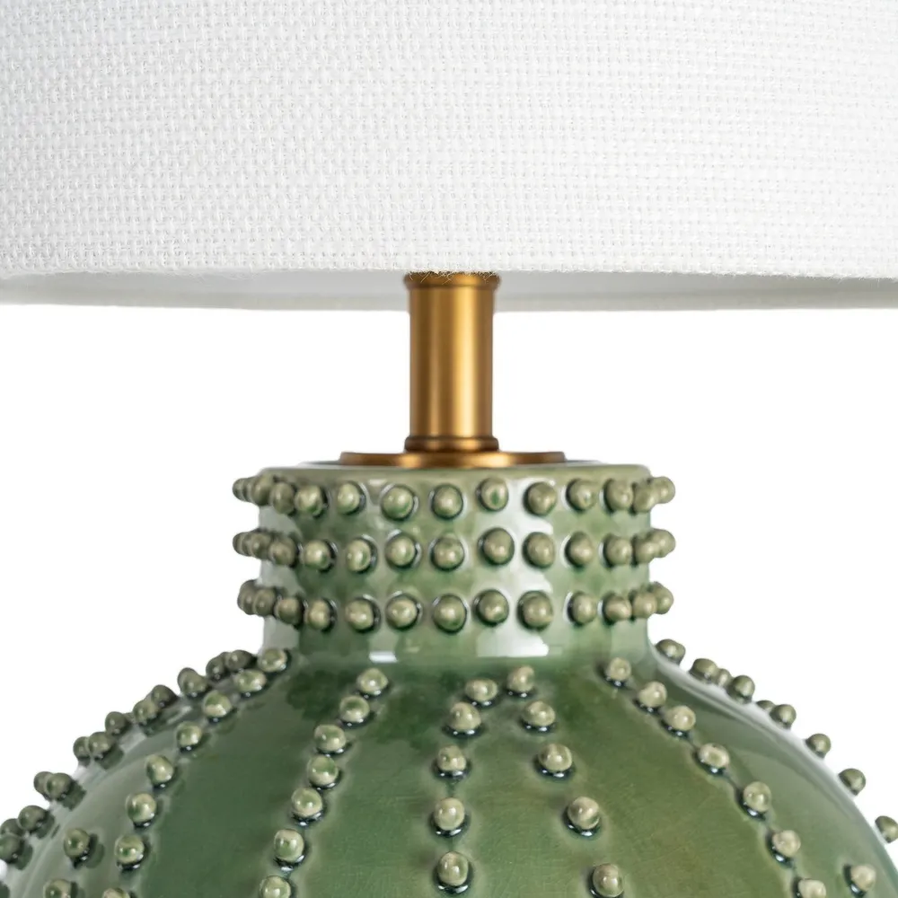 Lampă de masă din ceramică verde cu abajur din stofă albă și bază rotundă [7]