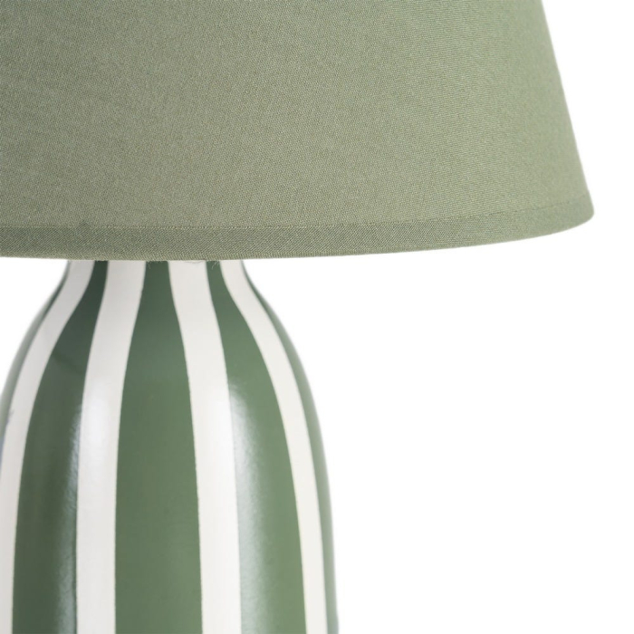 Veioza din ceramică verde cu dungi albe și abajur textil conic – imagine principală [4]