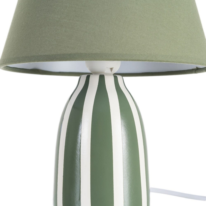 Veioza din ceramică verde cu dungi albe și abajur textil conic – imagine principală [3]