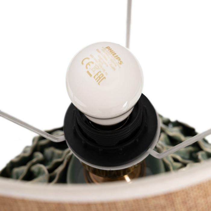 Veioză verde din ceramică cu relief frunze și abajur textil [6]