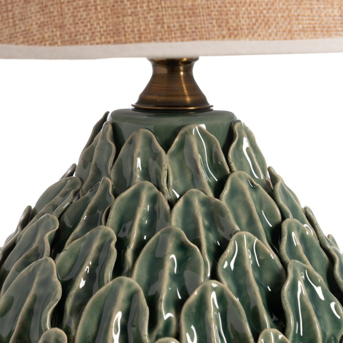 Veioză verde din ceramică cu relief frunze și abajur textil [4]