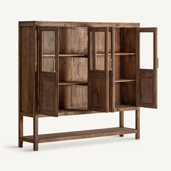 Vitrină înaltă din lemn de mango maro cu patru uși cu geam sus și panou plin jos [2]