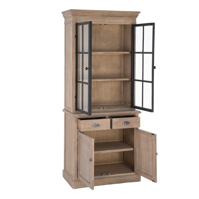 Vitrină din lemn de pin cu aspect natural cu usi metal negru si sticla [4]