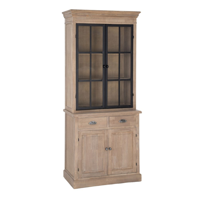 Vitrină din lemn de pin cu aspect natural cu usi metal negru si sticla [3]