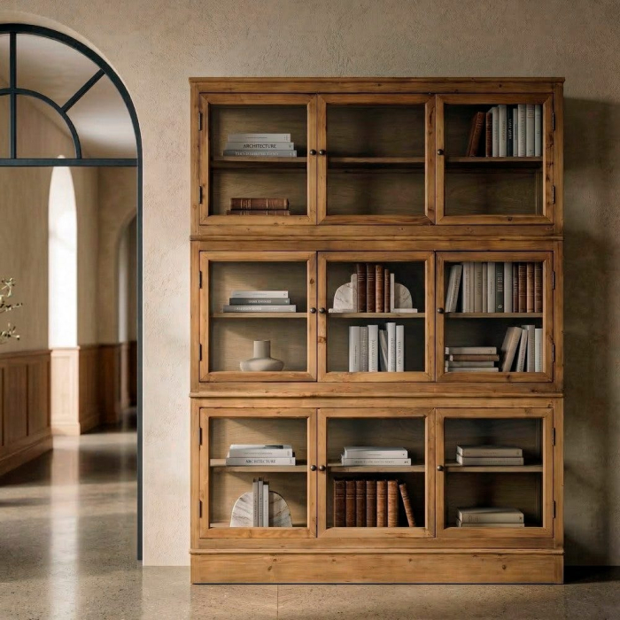 Vitrină din lemn reciclat maro cu usi din sticla si 3 module 155x40x202 cm [2]