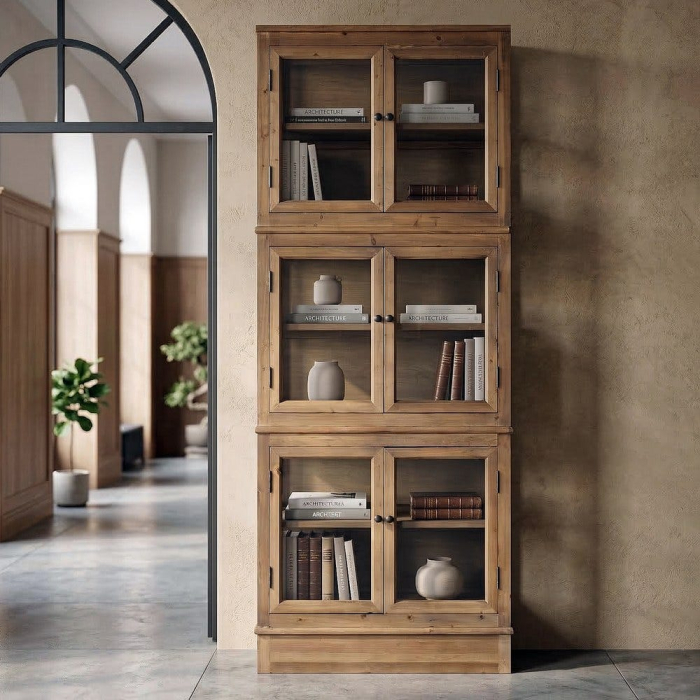 Vitrină din lemn reciclat maro cu usi din sticla si 3 module 80x40x202 cm [2]