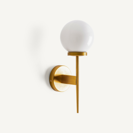 Aplica, Lampa de perete - Aplică perete art deco cu glob din cristal alb și structură din alamă aurie