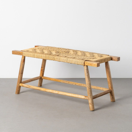 Rustic - Bancă din lemn de mango cu șezut împletit în zigzag din fibră naturală pe fundal gri