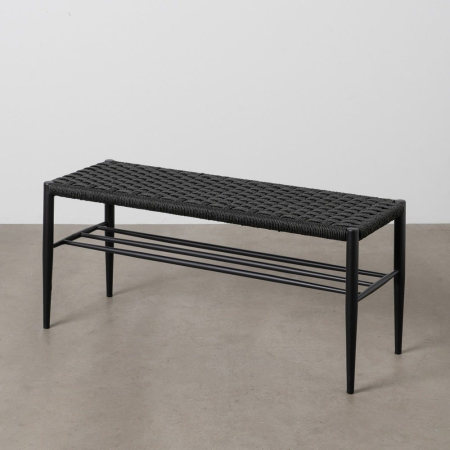 Bancă neagră din metal cu șezut împletit din sfoară și raft deschis [6]