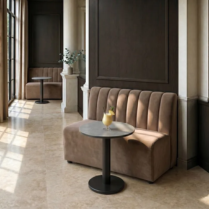 Stil de design - Banchetă tapițată din stofă maro pentru dining și lounge