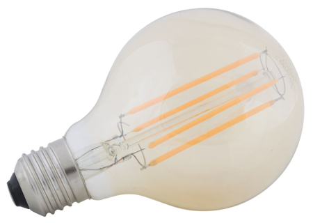 Becuri - Bec LED cu filament în sticlă ambră globulară G80, cu patru filamente și soclu E27
