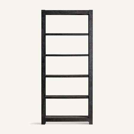 Stil de design - Bibliotecă neagră din lemn cu montanți groși, cadru deschis și rafturi subțiri la intervale egale