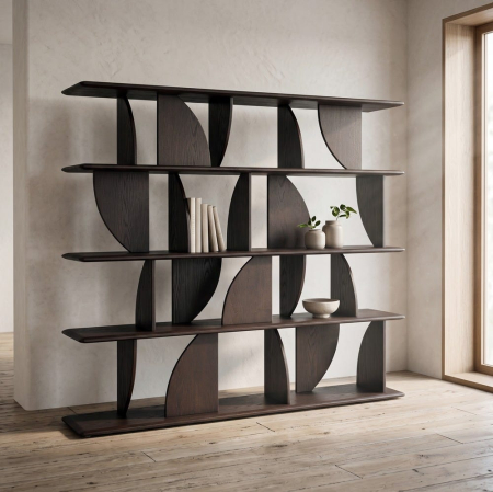 Mobilier - Bibliotecă din lemn de cauciuc maro închis cu rafturi și separatoare în semicerc într-un living