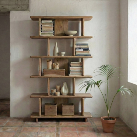 Biblioteca, Rafturi, Vitrine - Bibliotecă din lemn de mango cu polițe deschise și design japandi