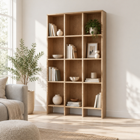 Colectii - Bibliotecă din stejar cu trei coloane egale de nișe deschise, montanți subțiri și picioare late