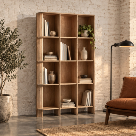 Colectii - Bibliotecă din stejar cu trei coloane de nișe deschise și panou lateral gros pe stânga
