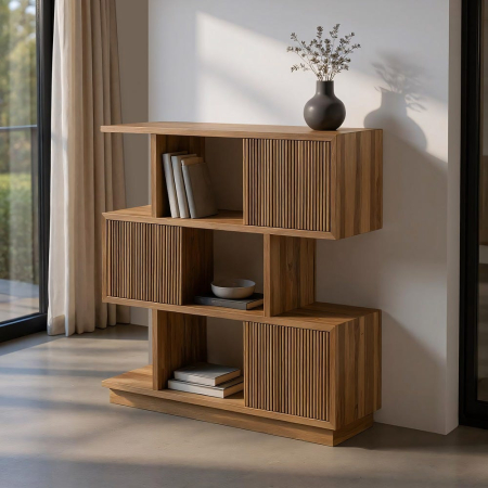 Biblioteci si Rafturi in Stil Scandinav - Biblioteca din lemn de tec reciclat maro deschis cu usi glisante