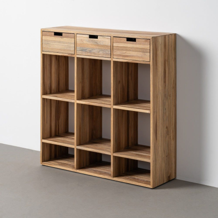 Mobilier - Bibliotecă joasă din lemn reciclat de tec maro cu 3 sertare si 9 compartimente 96x30x98 cm