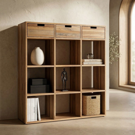 Biblioteci si Rafturi - Bibliotecă joasă din lemn reciclat de tec maro cu 3 sertare si 9 compartimente 96x30x98 cm