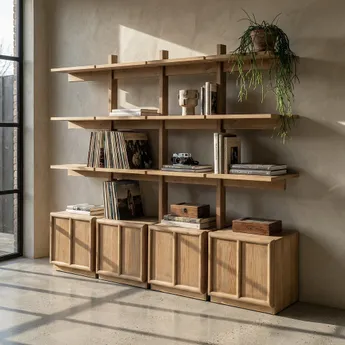 Biblioteca, Rafturi, Vitrine - Bibliotecă din lemn de pin natural cu rafturi și corpuri de depozitare