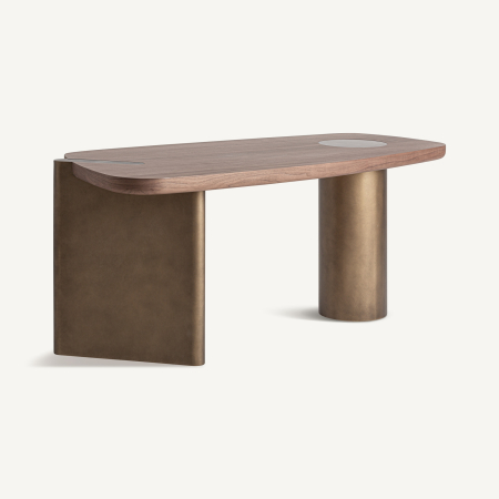 Birouri in Stil Art Deco - Biroul art deco din furnir nuc si picioare metalice cu finisaj cupru periat Lausana 182x83x75 cm