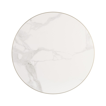 Stil de design - Blat de masa rotund din piatra sinterizata cu model imitatie marmura alba si margine aurie de aluminiu