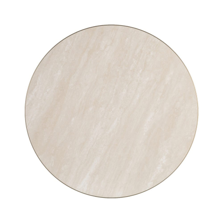 Stil de design - Blat de masa rotund din piatra sinterizata cu model imitatie travertin bej si margine aurie de aluminiu