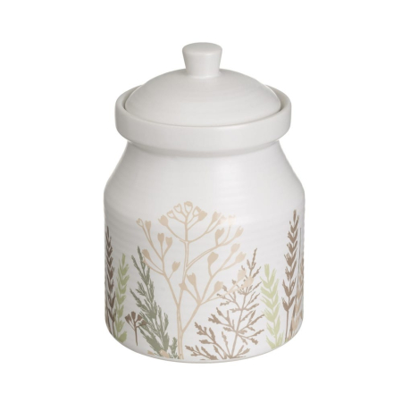 Accesorii servire - Borcan cu capac din stoneware alb cu imprimeu de ierburi pentru bucătărie de 1100 ml
