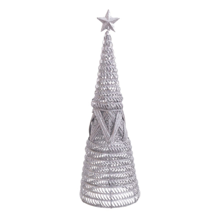 Craciun - Brad decorativ argintiu din metal cu structură conică din sârmă împletită și stea mică în vârf pentru raft