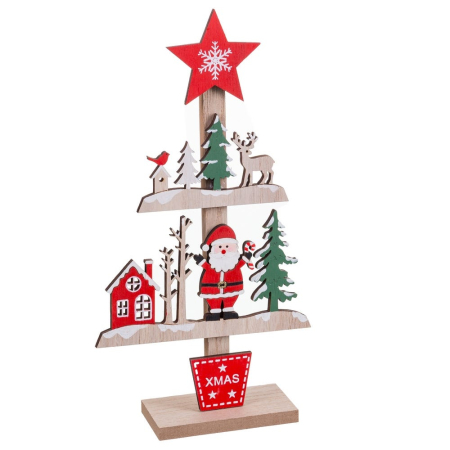 Obiecte decorative - Brad decorativ din lemn în etaje cu zăpadă casuțe roșii Moș Crăciun cerbi brazi stea roșie și XMAS