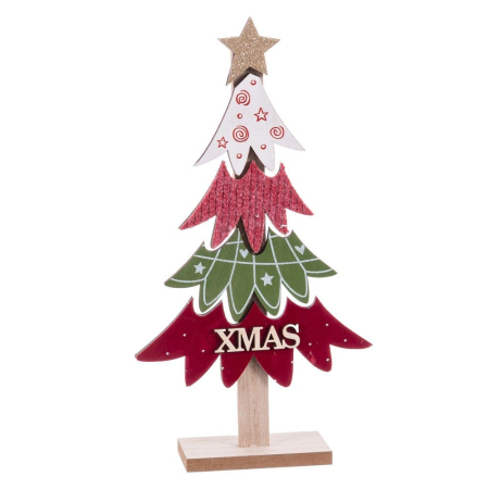 Craciun - Brad decorativ din lemn decupat în straturi roșu verde și alb cu modele stea aurie și inscripția XMAS