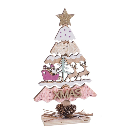 Craciun - Brăduț decorativ din lemn alb și roz cu stea aurie sanie cu Moș reni și inscripția XMAS